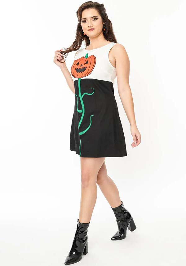 1960s Style Black and White Color - Blocked Pumpkin Head Embroidered Shift Dress