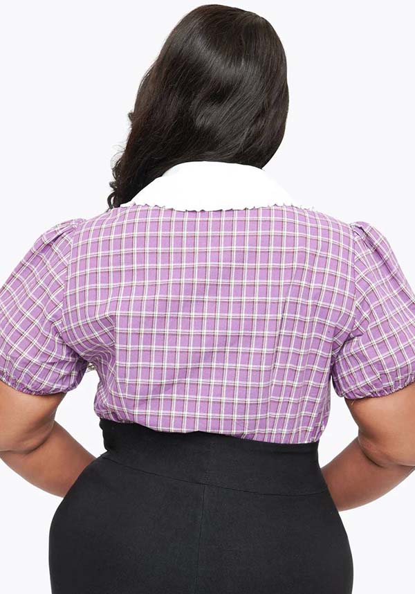 Vintage-Inspired Purple Plaid Oversized Collared Top with 'Boo!' Design