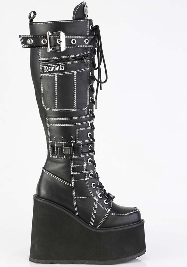 Demonia SWING-260 Black Vegan Leather Platform Boots for Fashionable Strutting [PREORDER]