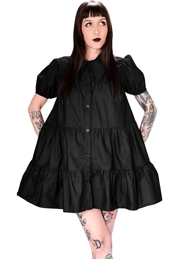 Foxblood Romina Tiered Babydoll Dress with Puff Sleeves and Pointed Collar