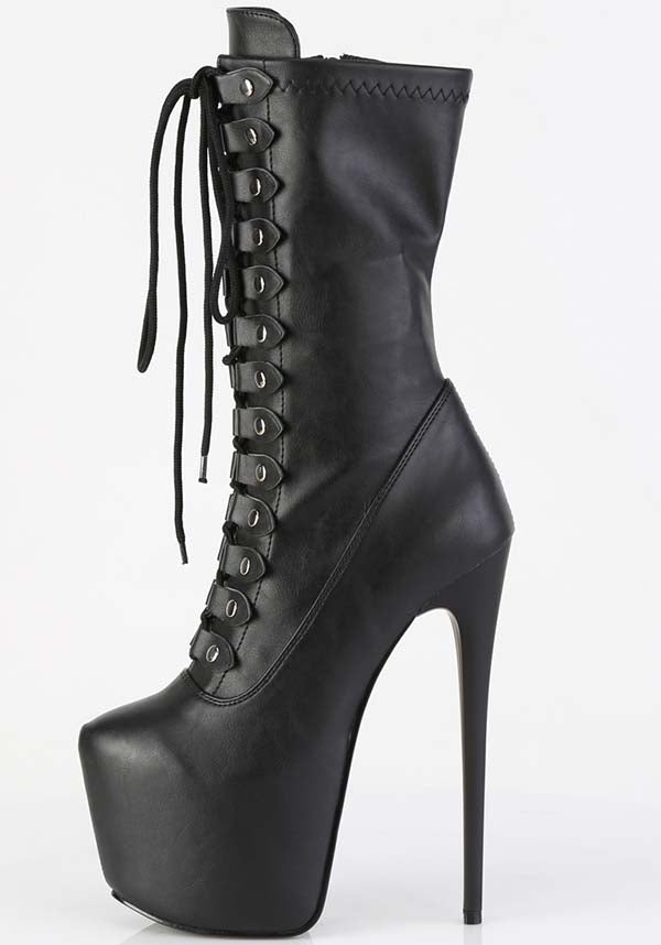 JUBILANT-1048 Black Platform Mid Calf Stretch Studded Wrapping Strap Boots - Preorder
