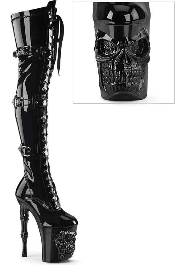 PREORDER - RAPTURE-3028 Black Patent Platform Heels, Lace-Up Front Thigh High Boots