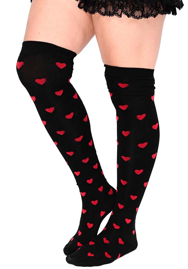 Adorable Red Valentine's Over Knee Socks with Hearts