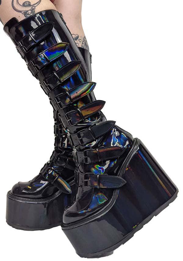 PREORDER: Black Holographic Patent SWING-815 Platform Knee-High Boots