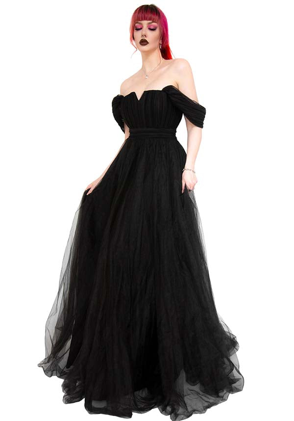 Elegant Black Swan Long Gown by Foxblood