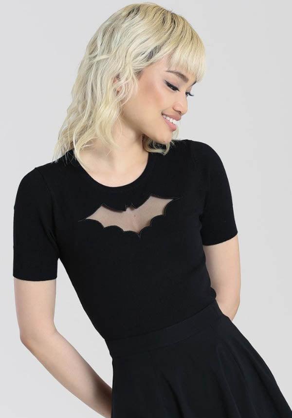 Vintage Black Knit Top with Spooky Mesh Cut-Out Bat Design
