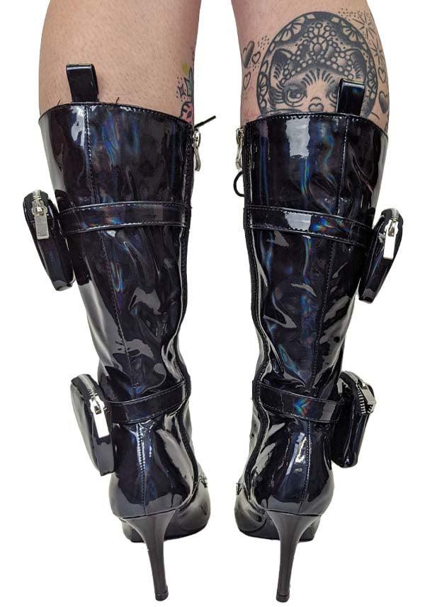 San Jose Black Holo Patent Leather Lace - Up Mid - Heel Boots with Pocket Details