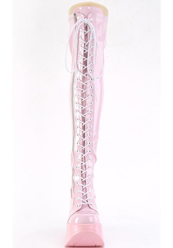 DYNAMITE-300 Baby Pink Holo Platform Thigh-High Preorder Lace-Up Boots