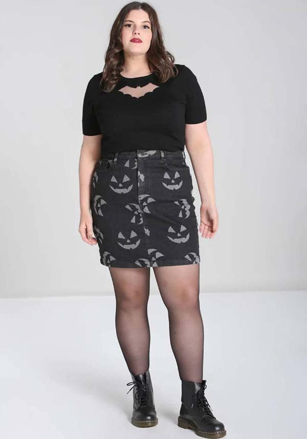 Hell Bunny's Black Jack-O-Lantern Denim Mini Skirt for Halloween