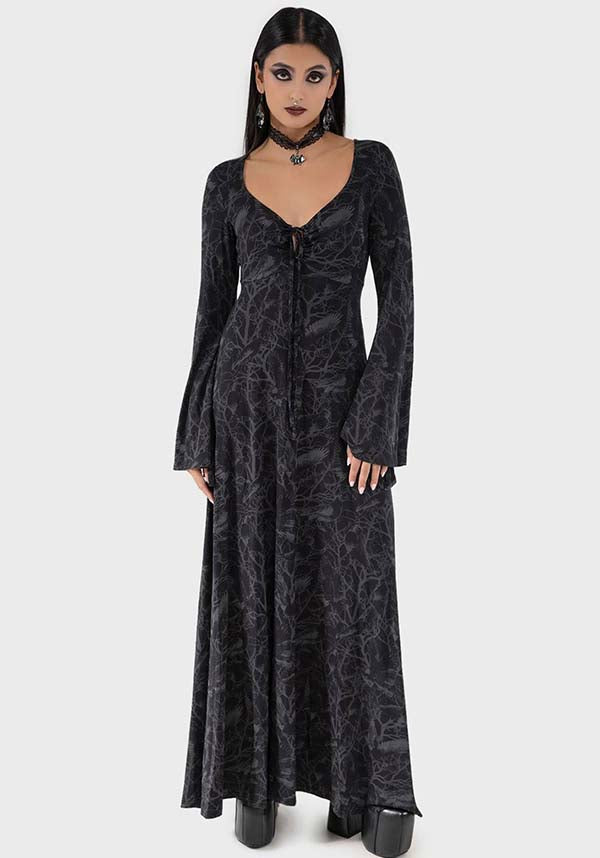 Stunning Raven Print Maxi Dress with Soft Stretch Fabric