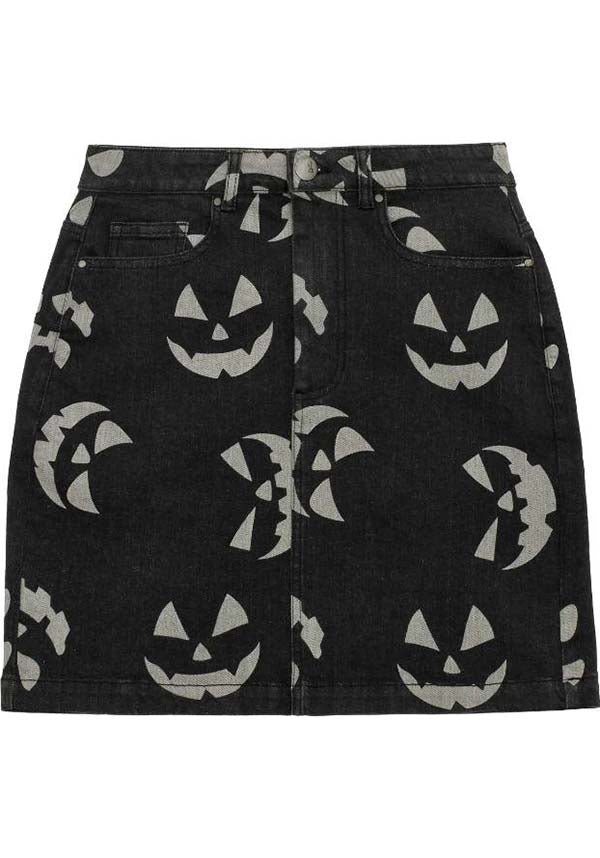 Hell Bunny's Black Jack-O-Lantern Denim Mini Skirt for Halloween