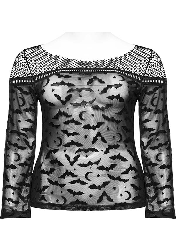 Gothic Bat Pattern Elasticated Mesh T-Shirt for Plus Sizes