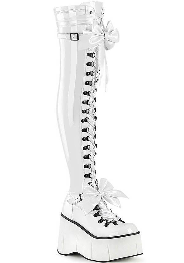 PREORDER - Demonia KERA-303 White Patent Platform Thigh High D-Ring Lace-Up Boots