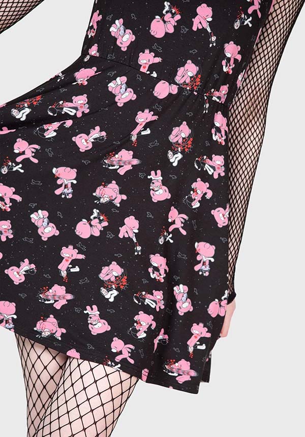 Soft Stretch Gloomy Bear Print Skater Style Mini Dress