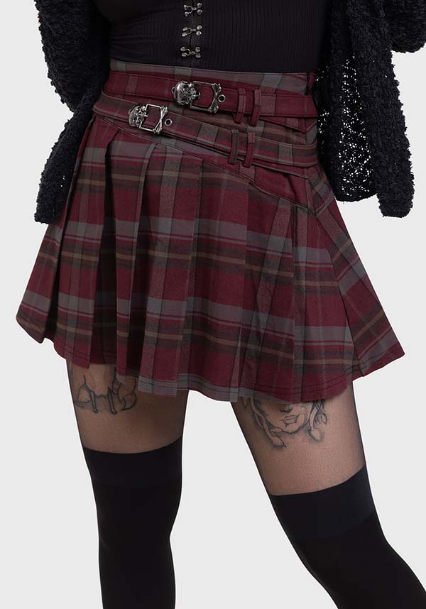 Sable Riot Mini Skirt with Custom Skull Buckles and Check Print