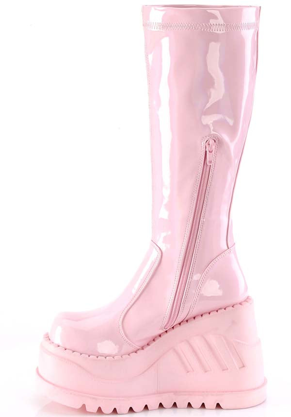 Preorder Baby Pink Holographic Stretch Patent Knee High Platform Boots - STOMP - 200
