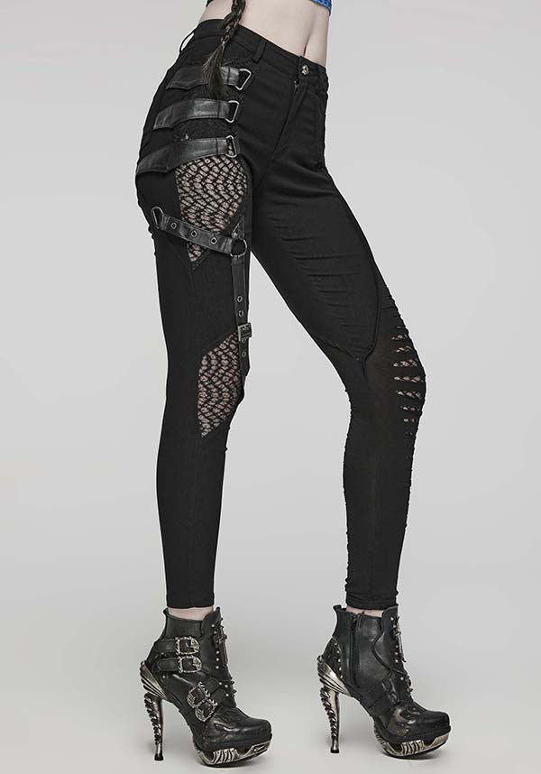 Punk Rave Rue Distressed Elastic Jeans with Asymmetric Design