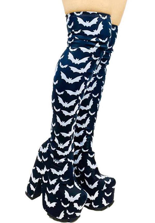 Labyrinth Bat Design Black and White Over-the-Knee Platform Boots