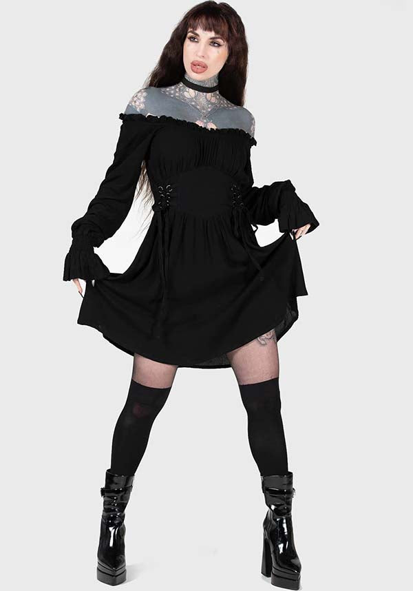 KILLSTAR Jocasta Mini Dress - Soft Stretch Bardot Neckline with Lace Up