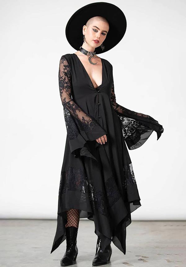 Elegant Misty Night Maxi Dress with Lace Detailing