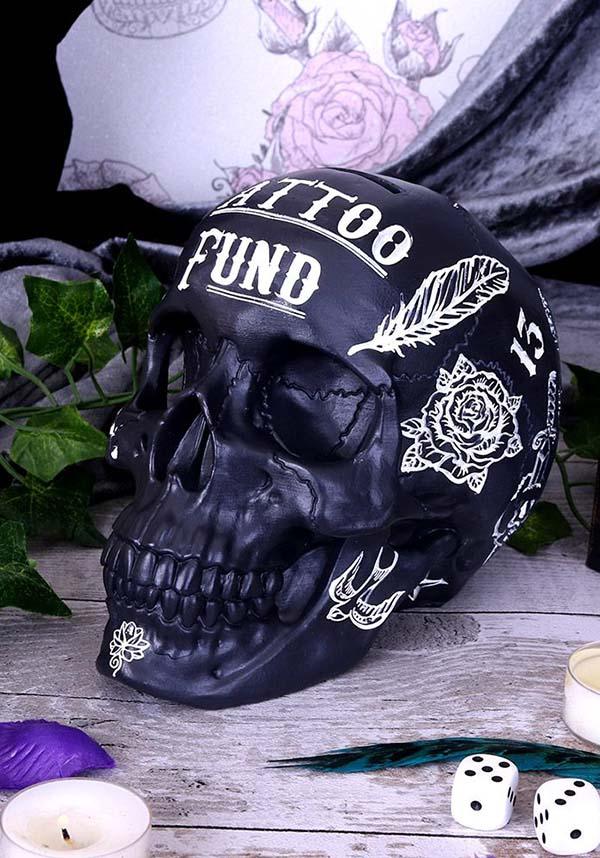 Black and White Gothic Tattoo-Style Skull Shaped Money Box for Saving Fund