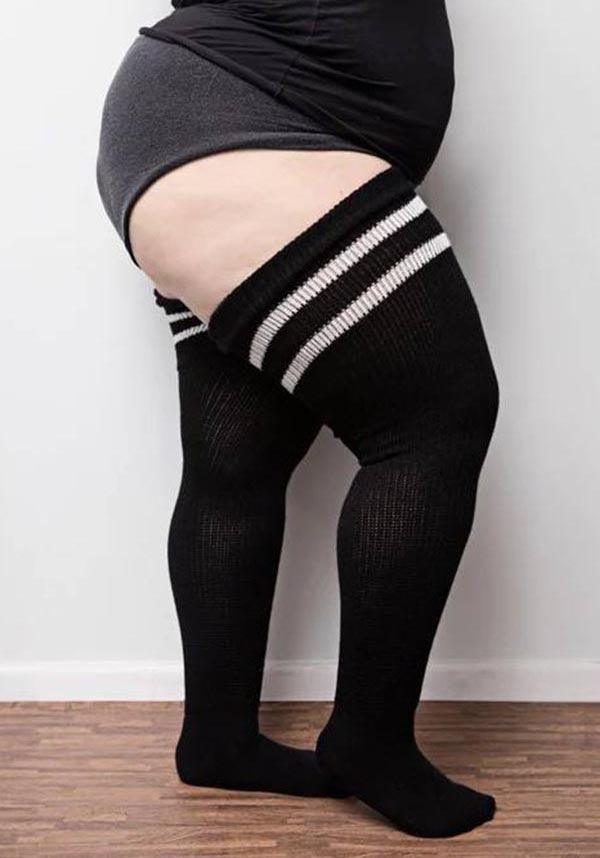 Ultra-Soft Black and White Striped Thigh High Socks for Plus Sizes