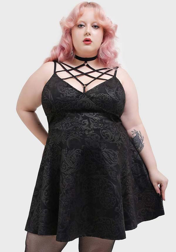 Magical Black Lily Printed Skater Style Mini Dress for Fashion Enthusiasts