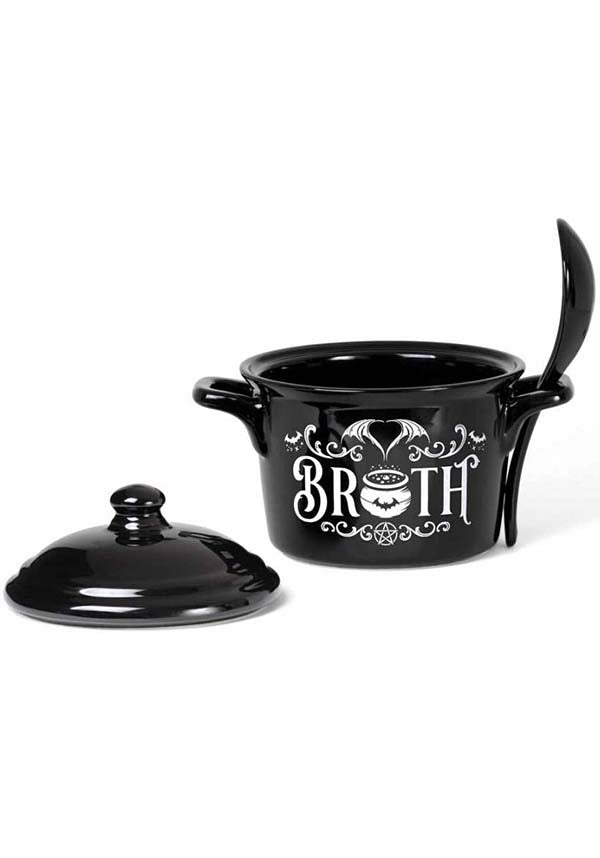 Alchemy Gothic Bat Themed Bone China Lidded Bowl and Spoon Set for Soup, Broth, Cereal and Snacks
