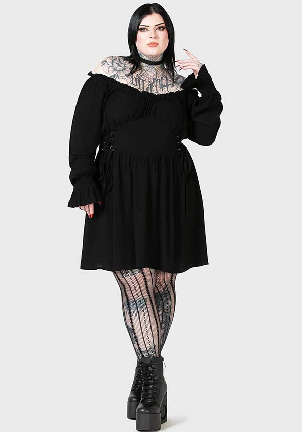 KILLSTAR Jocasta Mini Dress - Soft Stretch Bardot Neckline with Lace Up
