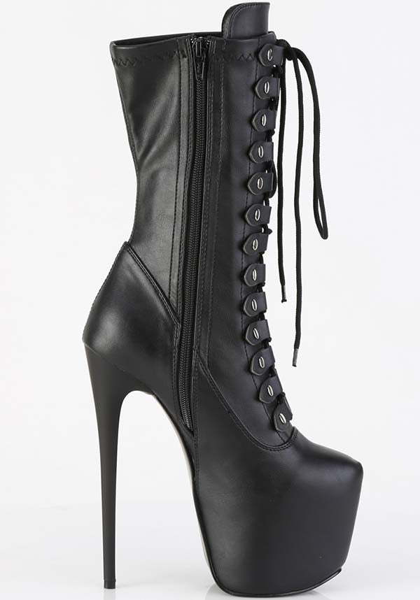 JUBILANT-1048 Black Platform Mid Calf Stretch Studded Wrapping Strap Boots - Preorder
