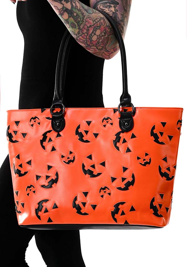 Jack-o'-Lantern Themed Matte Orange Faux Leather Tote Bag by Goblin Co.