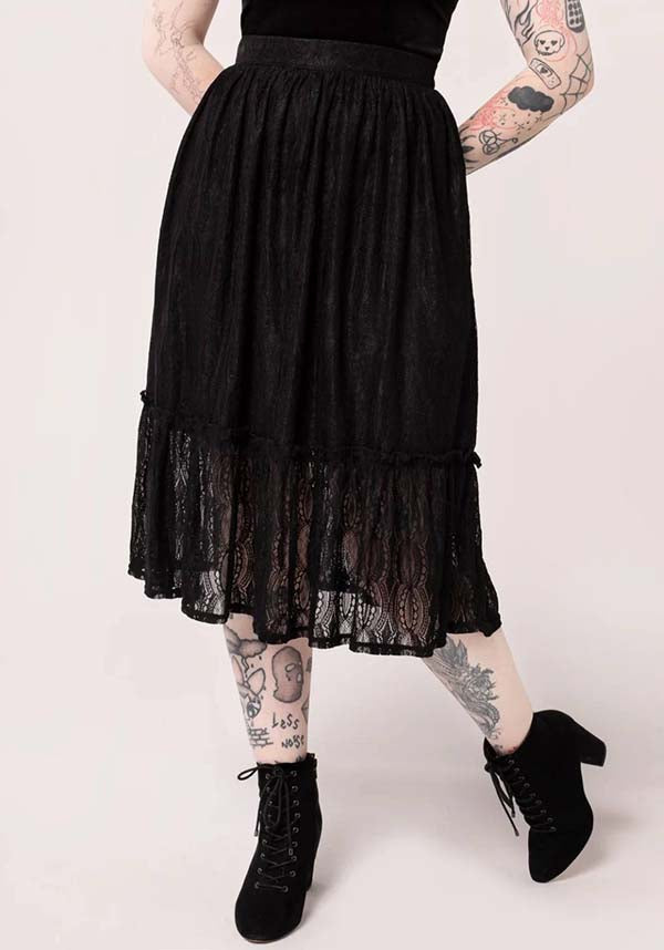Hell Bunny Rhea Midi Lace Skirt with Black Stripes for Vintage and Gothic Styles