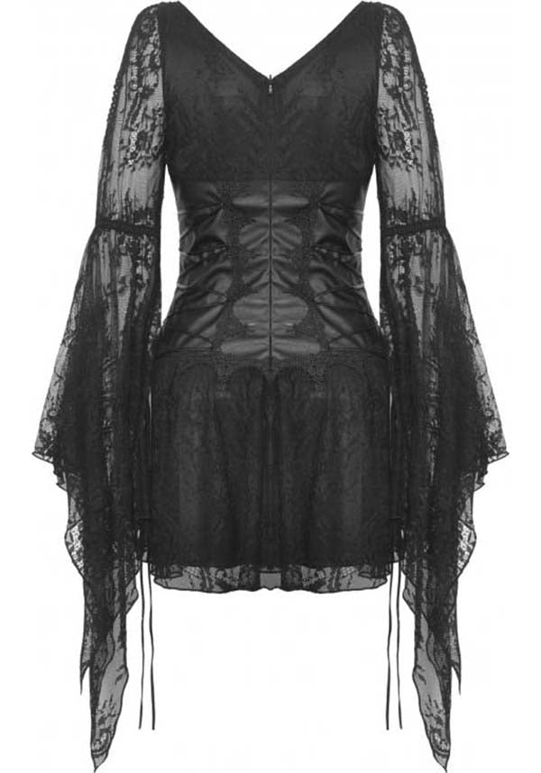 Exquisite Azrael Sheer Lace Dress with Bell Sleeves and Cold Shoulder Design