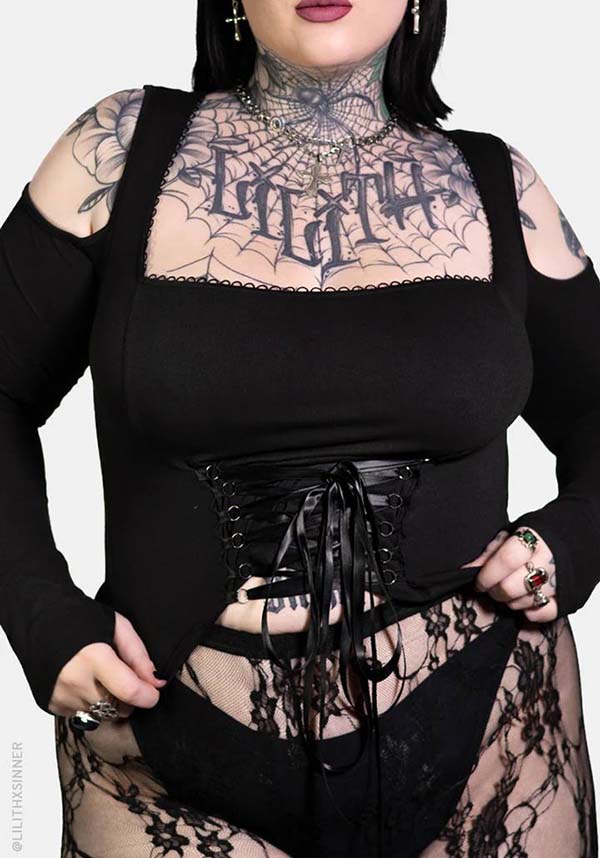 Minerva Cold Shoulder Top with Picot Trim and Corset Design