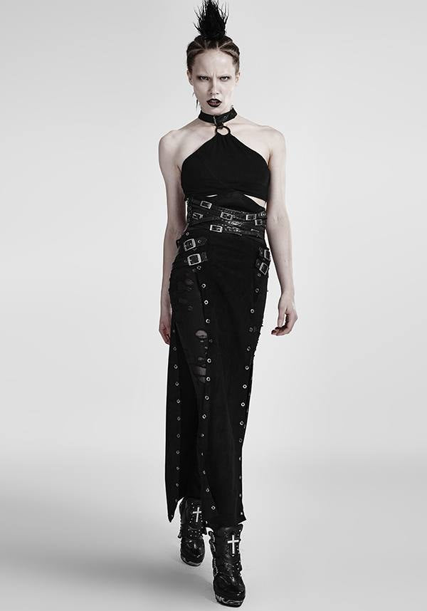 Punk Style High Waist Split Skirt with Leather Loop and Metal Buckle