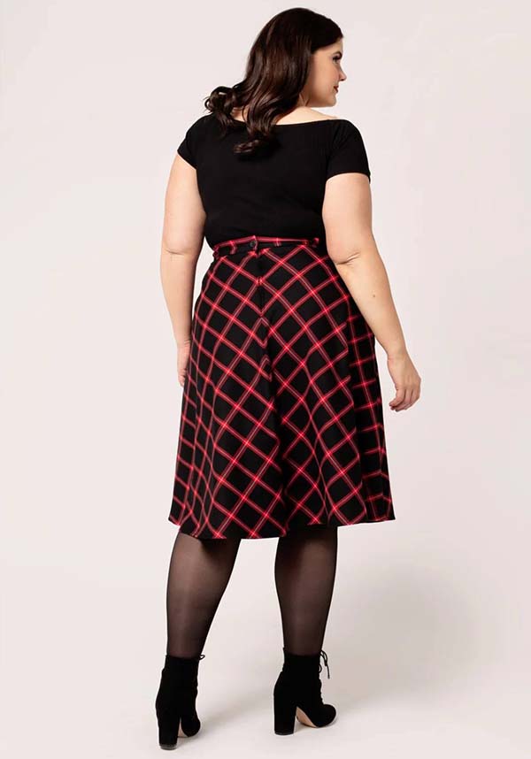 Hell Bunny Women's Janine Red and Black Tartan Midi Skirt