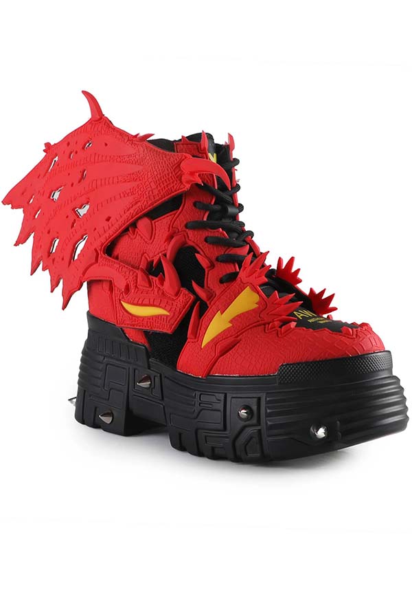Red Platform Sneakers with Detachable Dragon Wings and Unique Scale Design