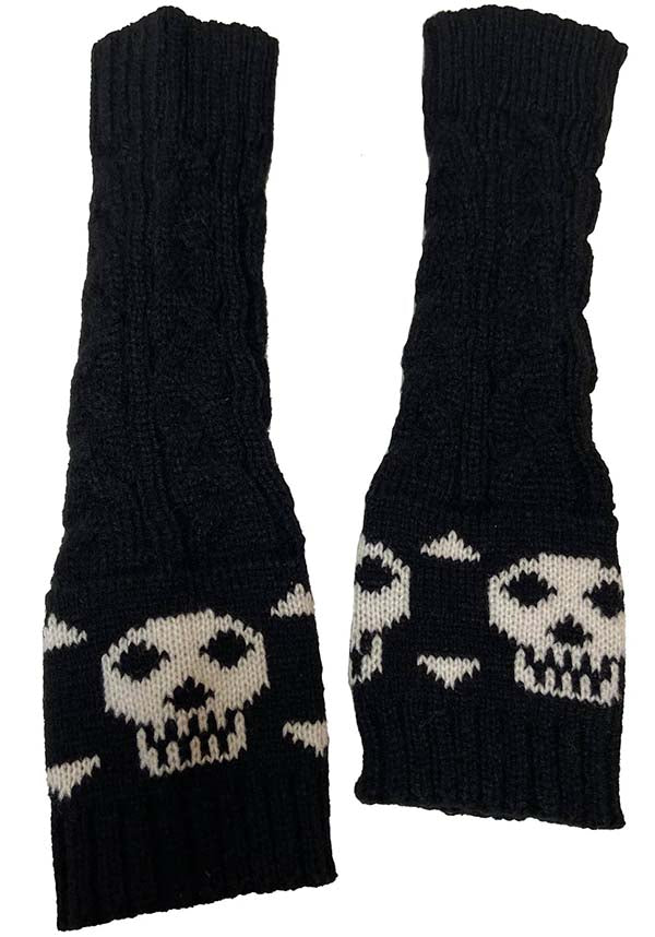 Stylish Cable - Knit Fingerless Gloves with Skull & Crossbones Design