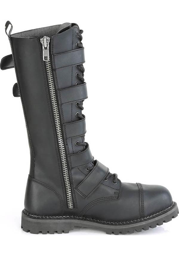 RIOT-18BK Pre-order: Gothic-Style Black Knee High Boots with Steel Toe and Vegan Leather