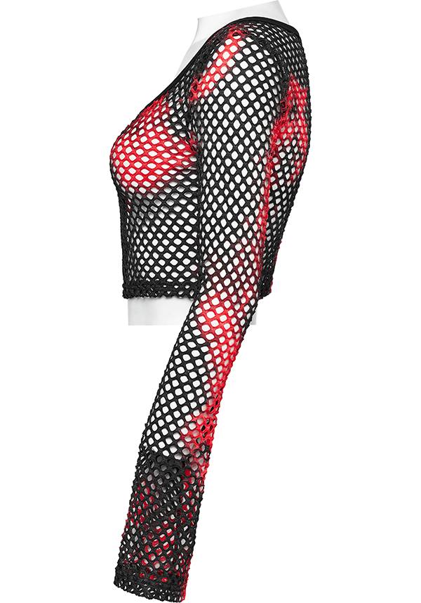 Punk Rave Badriyah Black/Red Tie-Dyed Fishnet Long Sleeve Crop Top