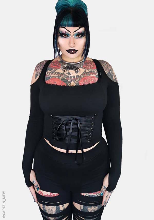 Minerva Cold Shoulder Top with Picot Trim and Corset Design