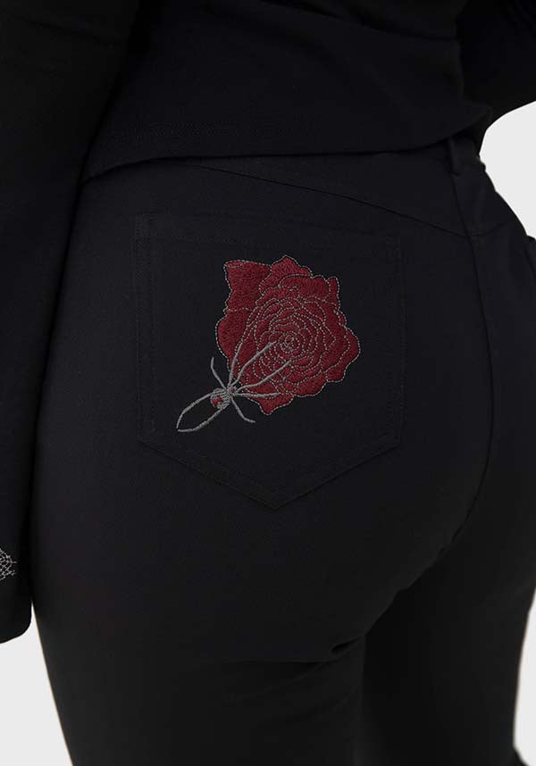 Stunning Blood Rose Embroidered Bell Flares with Pockets