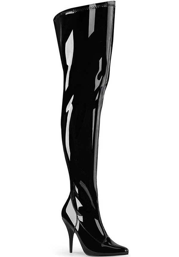 SEDUCE-3000WC Black Pattern Wide Calf Pre-order Thigh High Boots for Fashion Enthusiasts