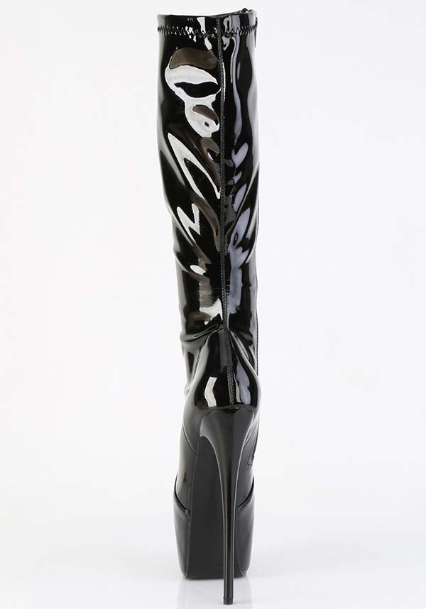 PREORDER - JUBILANT-2000 Black Patent Platform Stretch Knee Boots