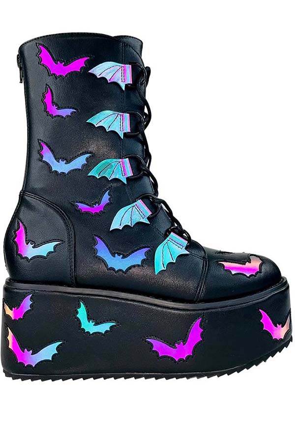 Strangecvlt's Striking Reflective Bat Platform Boots for Bold Fashion