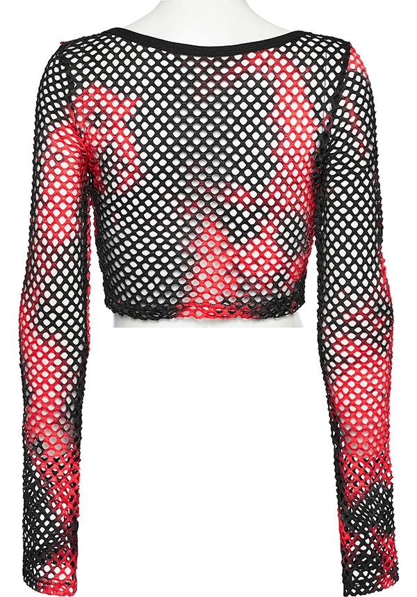 Punk Rave Badriyah Black/Red Tie-Dyed Fishnet Long Sleeve Crop Top