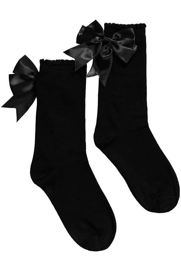 Adorable Black Crew Socks with a Black Ribbon Bow Decoration
