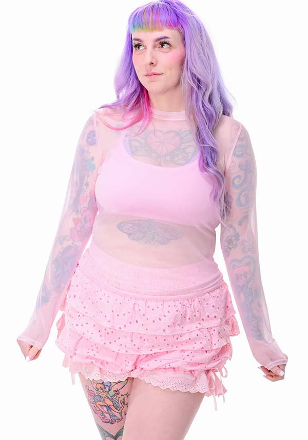 Pink Mesh Long Sleeve Crop Top for Layering