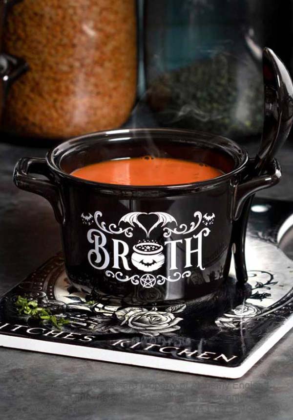 Alchemy Gothic Bat Themed Bone China Lidded Bowl and Spoon Set for Soup, Broth, Cereal and Snacks