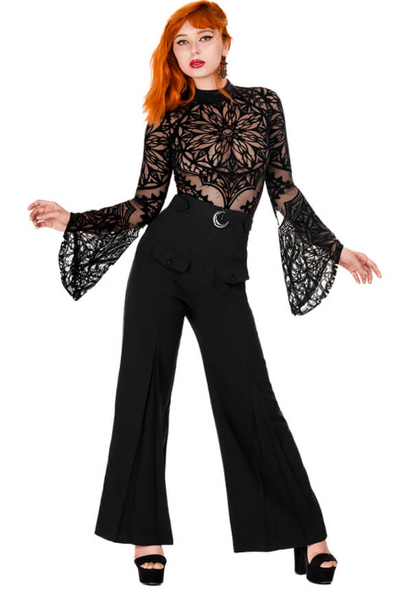 Restyle's Gothic Loretta Crescent Sky High Flared Pants for Corporate Goth Babes
